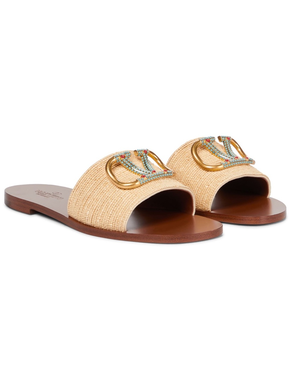 Valentino Women's Beige Raffia Slide Sandals w/ Embellished Gold Logo Accent 41